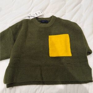 Olive Green Sweater with Yellow Pocket